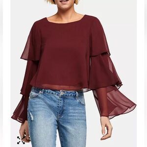 BCBG Generation Ruffled Bell Sleeve Blouse Small Red Maroon Boho Cottagecore Top